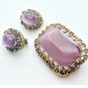 Vintage Bohemian Czech Cabochon Brooch & Earrings Set Purple Satin Glass - Deco